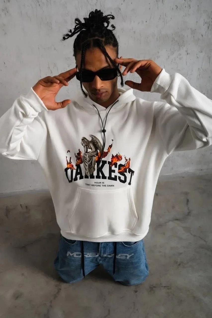 Erkek Oversize Kapüşonlu Sweatshirt – Beyaz Renk Üç İplik İçi Pamuklu Kanguru Cepli Baskılı Hoodie Rahat Kalıp Kışlık Günlük Kombinlere Uygun - Beyaz