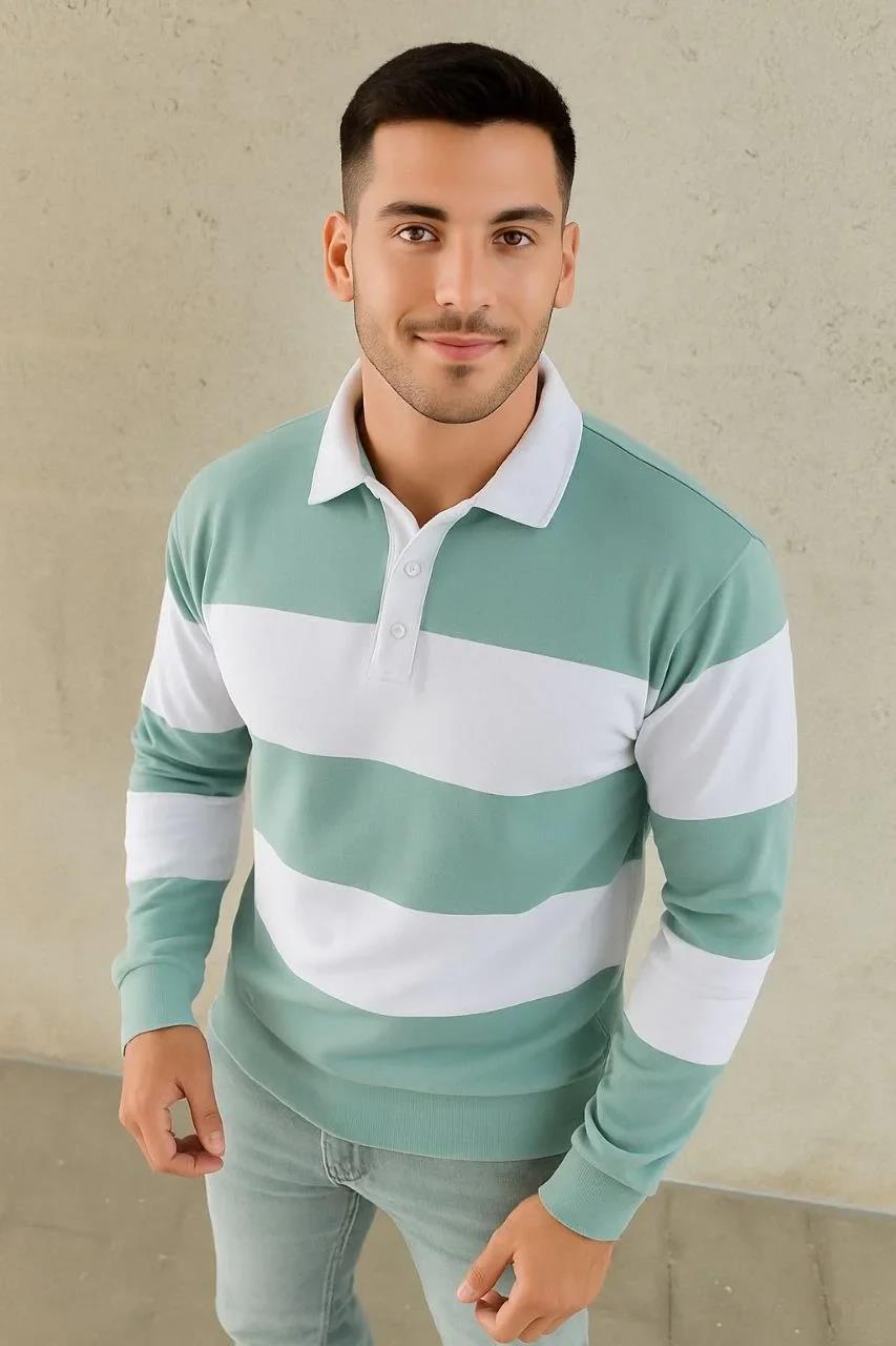 Erkek Polo Yaka Uzun Kollu Çizgili Sweatshirt Trend Rugby Stil - Çağla Yeşili