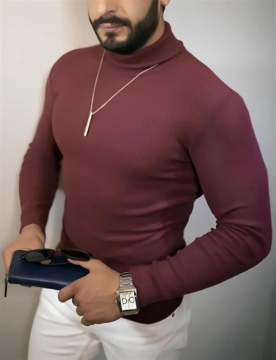 Erkek Tam Boğazlı Fitilli Kaşkorse Triko – Likralı, Extra Dar Kesim Slimfit, Yumuşak Kaşmir Dokulu Model - Bordo