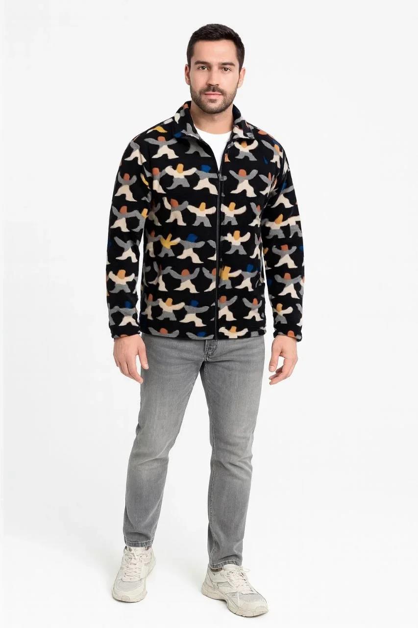 Erkek Tam Fermuarlı Desenli Polar Sweat – Siyah Multicolor Figür Desen Yakalı, Uzun Kollu, Oversize Rahat Kalıp- Siyah