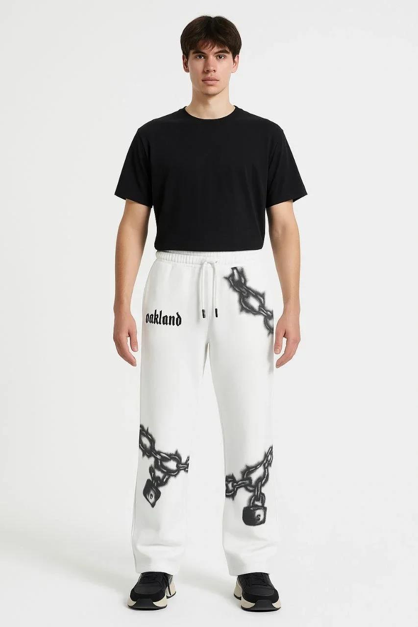 Erkek Üç İplik Pamuklu Baskılı Cepli Jogger Buggy Pantalon Oversize Kalıp - Beyaz
