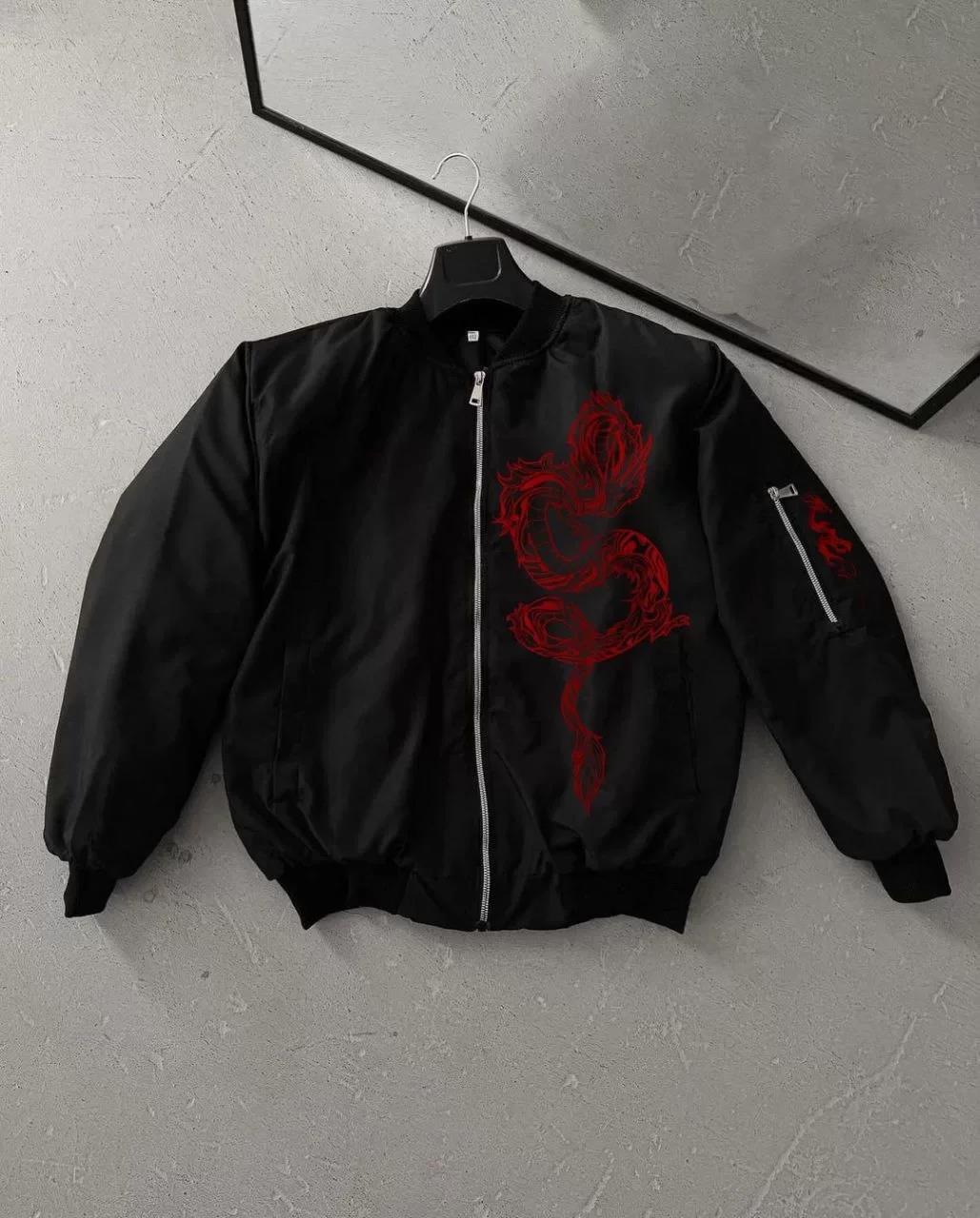 Erkek Unisex Siyah Bomber Mont – Kırmızı Ejderha Desenli, Fermuarlı Cepli, Kapitone Astarlı Günlük ve Sokak Modası Ceket - Siyah