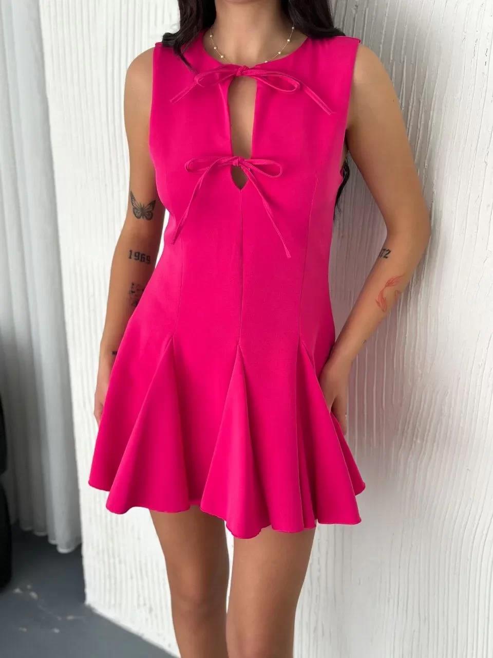 Göğüs Bağlamalı Kolsuz Mini Boy Elbise - Pembe