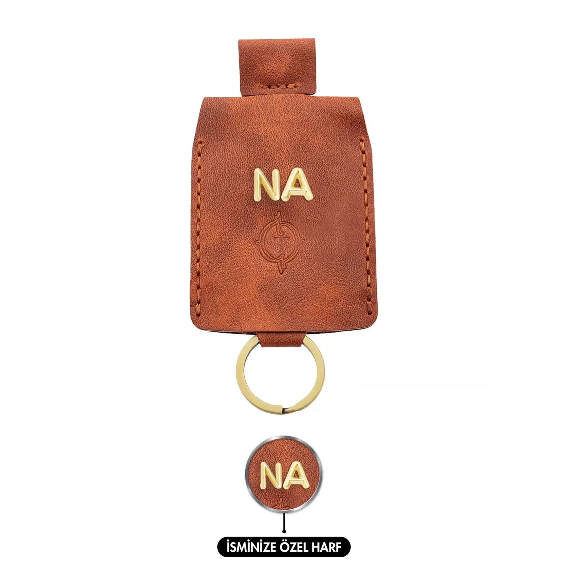 İsme Özel Çıtçıtlı Anahtarlık - % 100 Rainbow Deri - AG01001 - Tobacco