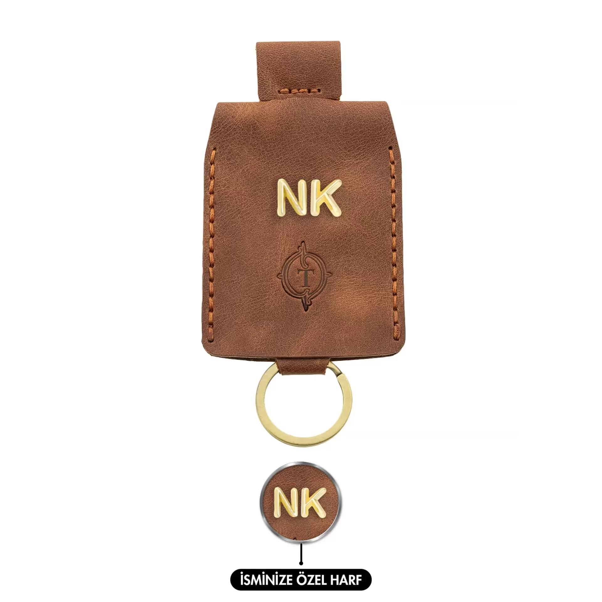 İsme Özel Çıtçıtlı Anahtarlık - % 100 Rainbow Deri - AG01001 - Kahverengi