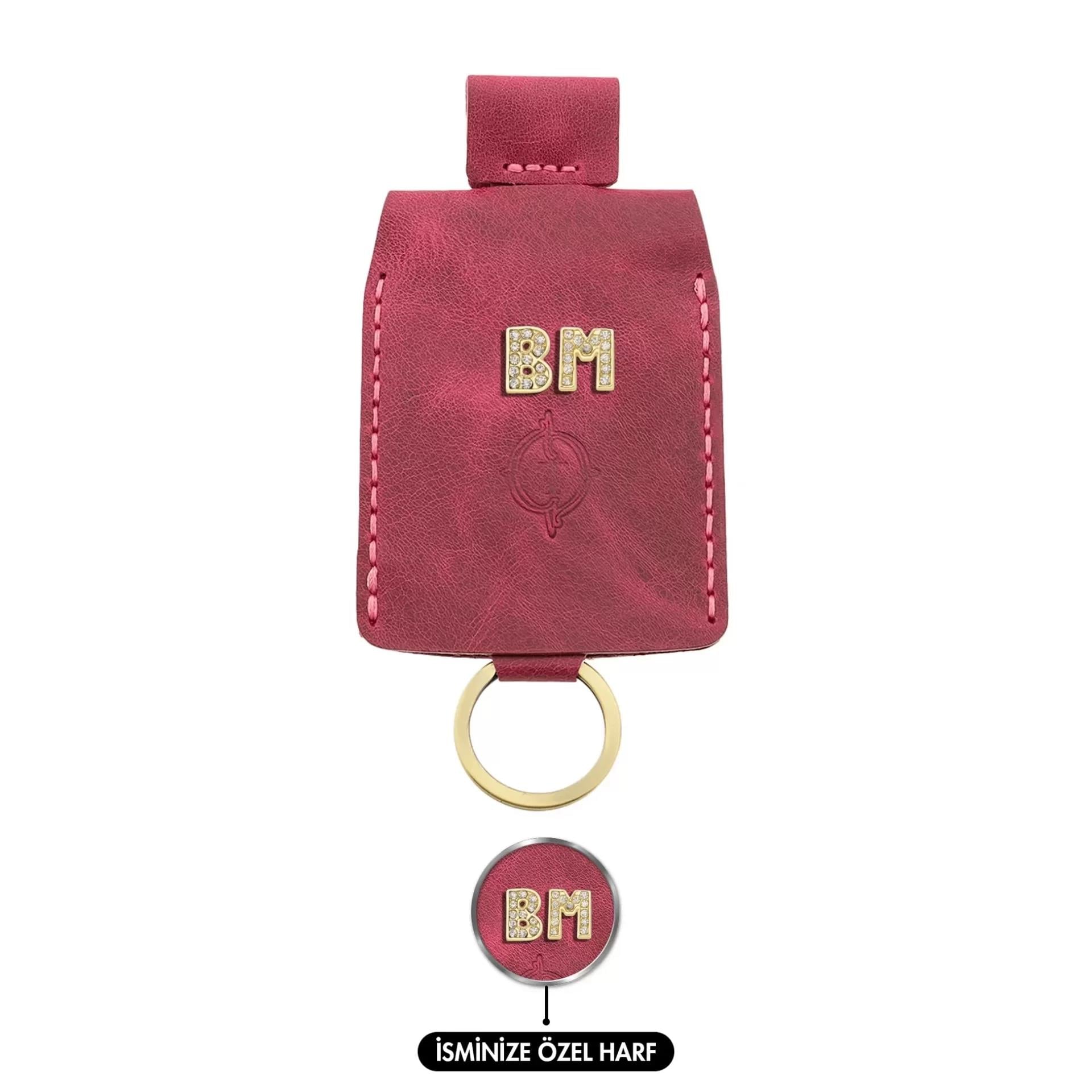 İsme Özel Çıtçıtlı Anahtarlık - % 100 Rainbow Deri - AG01001 - Fuşya