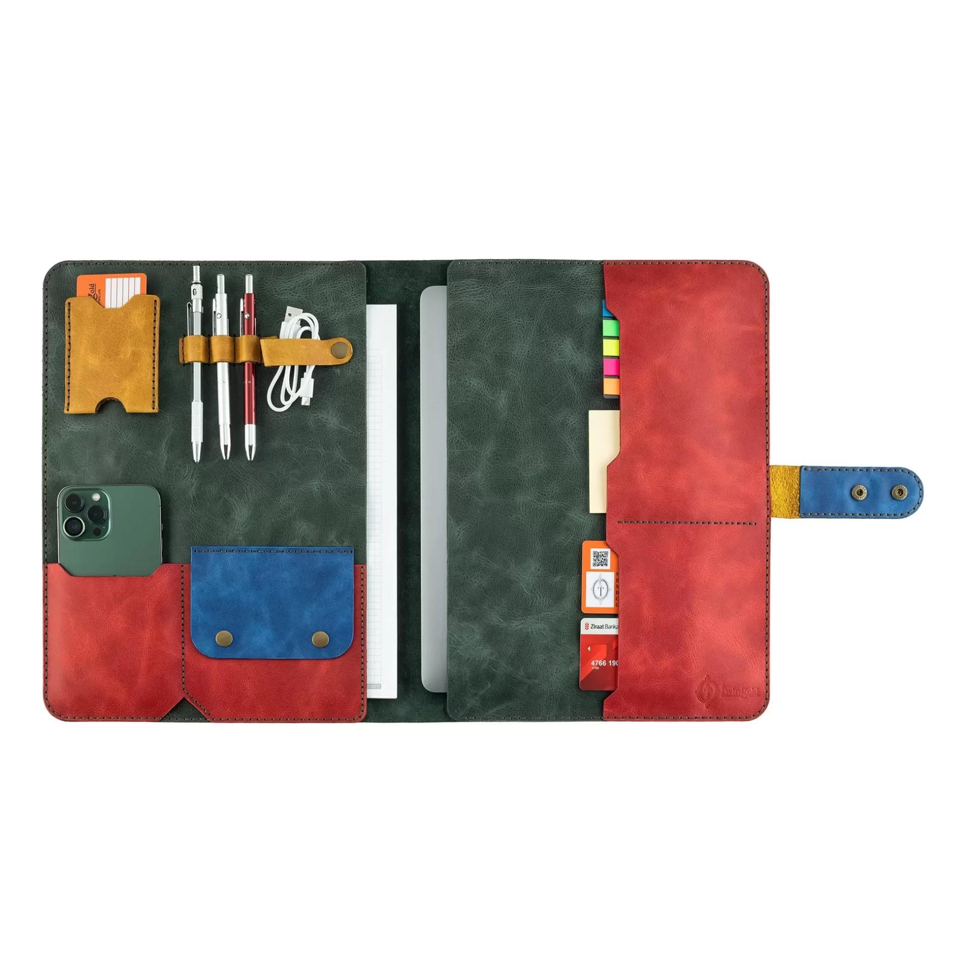 İsme Özel Çıtçıtlı Fonksiyonlu Macbook Organizer - %100 Rainbow Deri - ET02001 - Yeşil - Kırmızı
