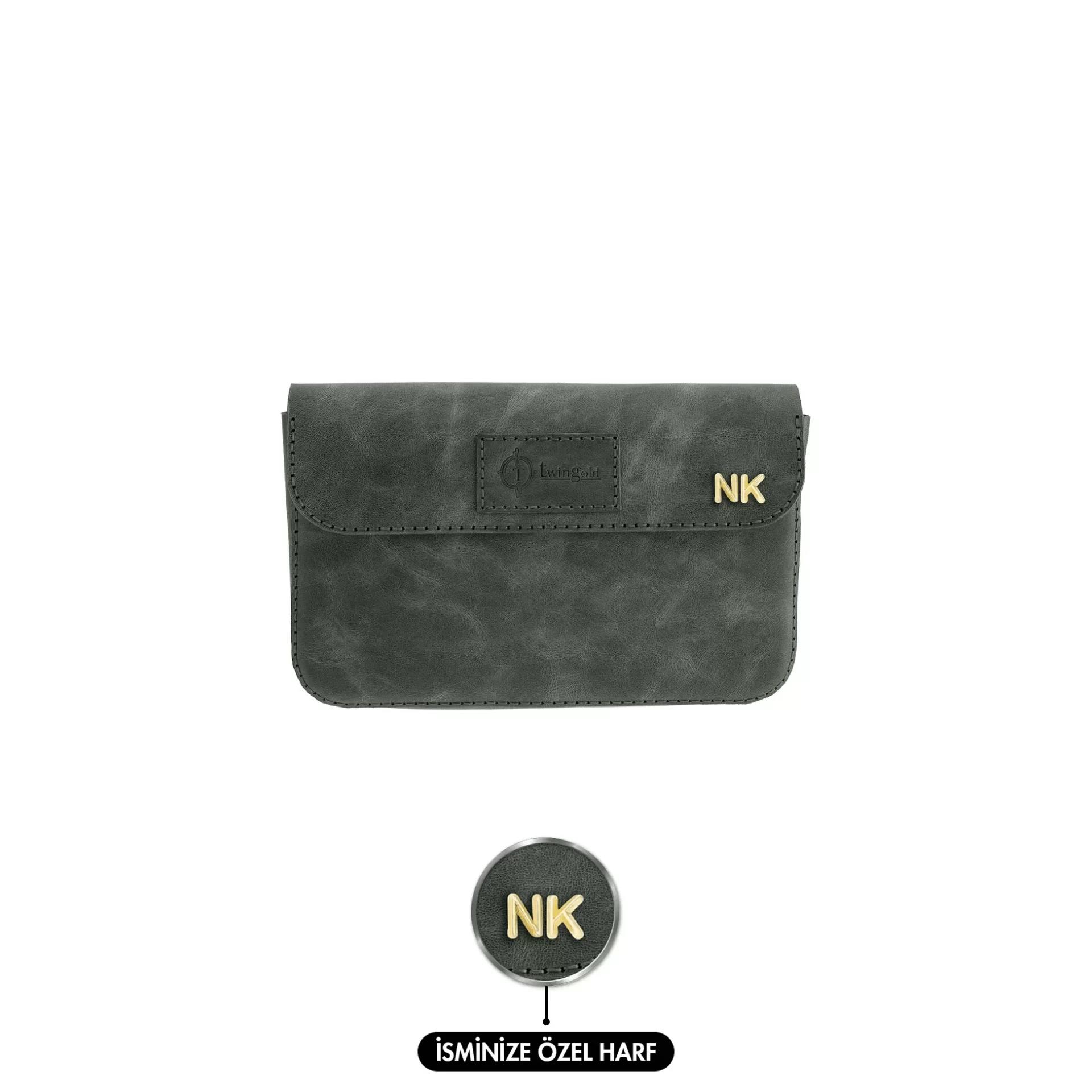 İsme Özel Çıtçıtlı Küçük El Çantası - %100 Deri - AC14001 - Haki