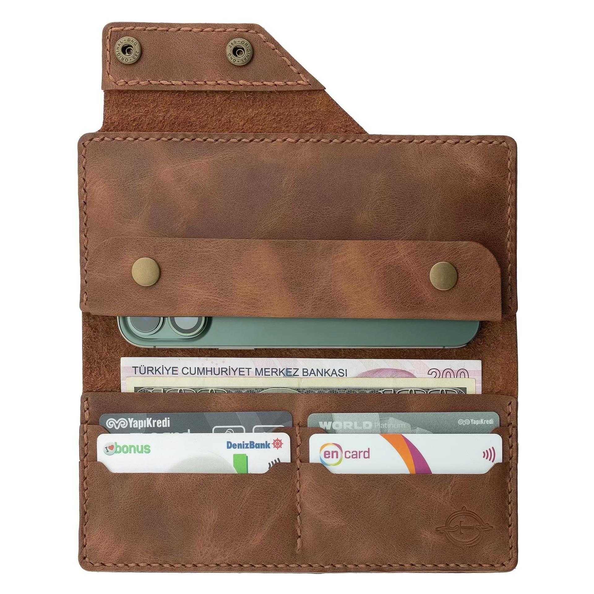 İsme Özel Dikey Çıtçıtlı Uzun Cüzdan - %100 Rainbow Deri - A010006 - Kahverengi