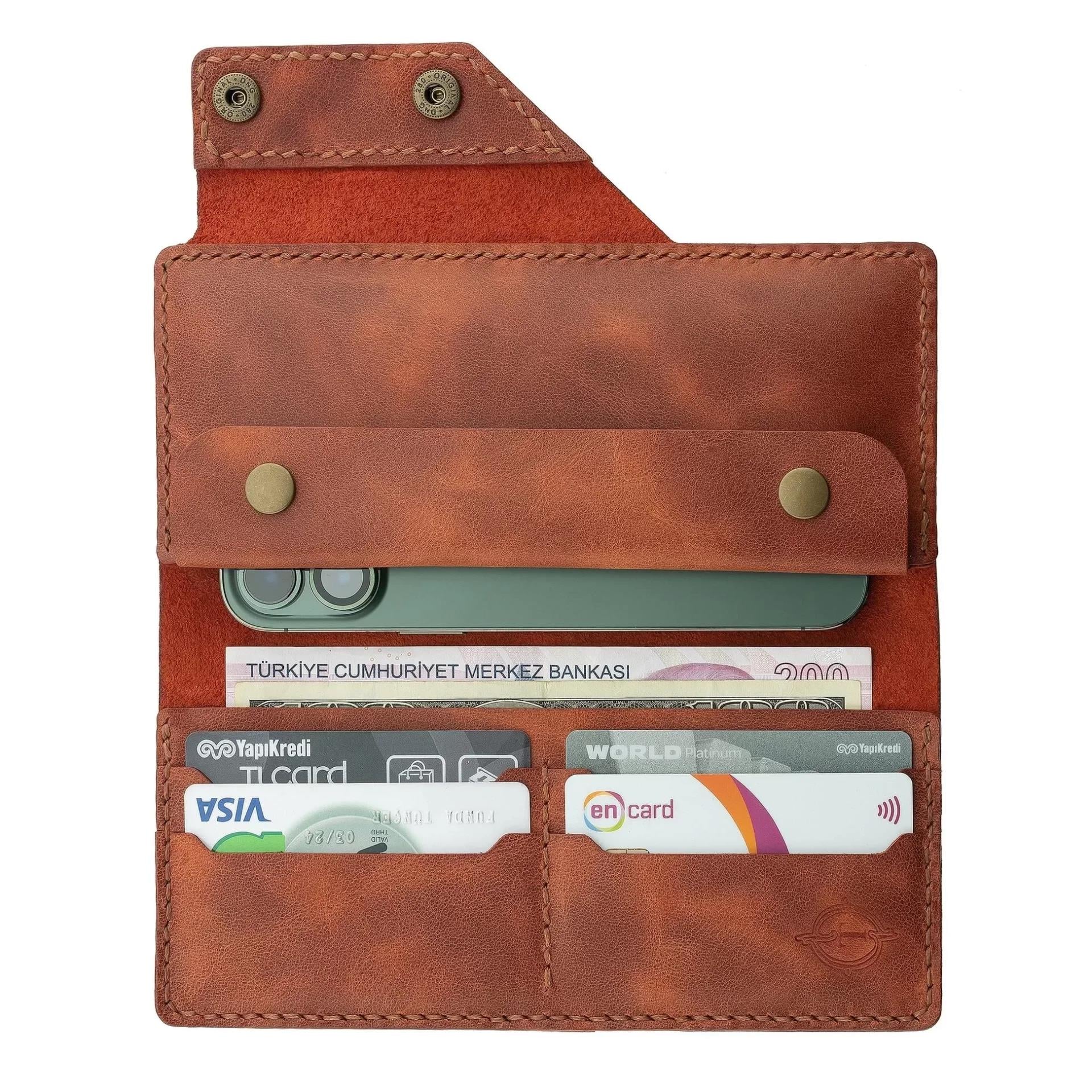 İsme Özel Dikey Çıtçıtlı Uzun Cüzdan - %100 Rainbow Deri - A010006 - Tobacco