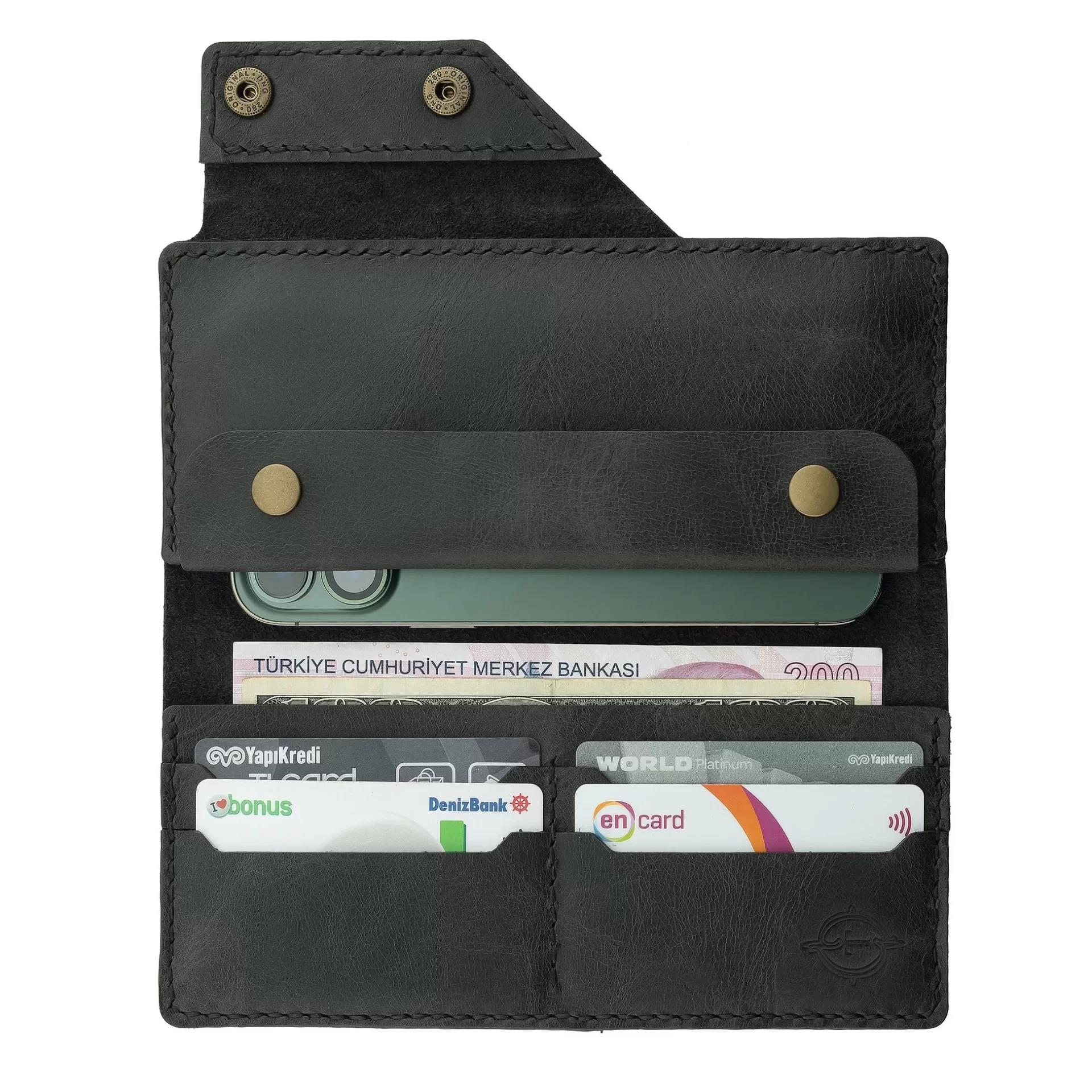 İsme Özel Dikey Çıtçıtlı Uzun Cüzdan - %100 Rainbow Deri - A010006 - Antrasit