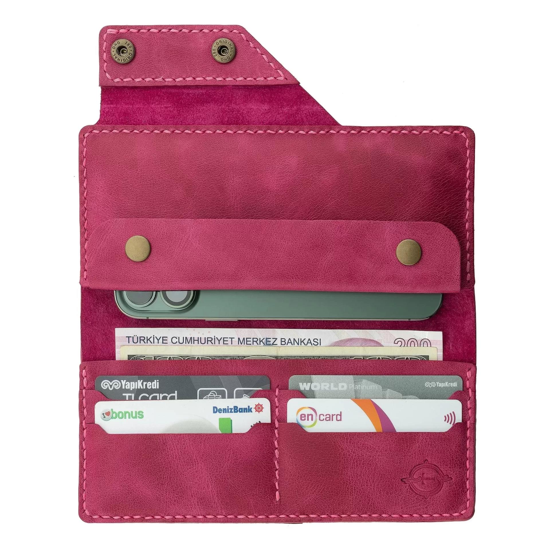 İsme Özel Dikey Çıtçıtlı Uzun Cüzdan - %100 Rainbow Deri - A010006 - Fuşya