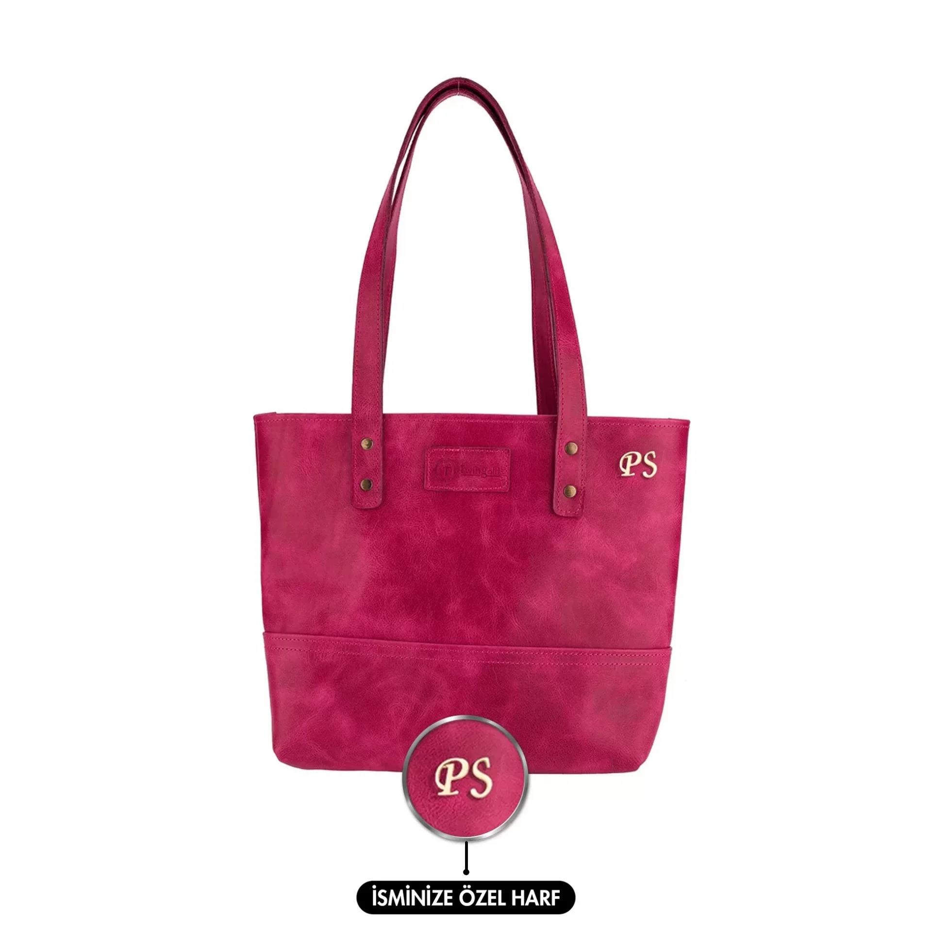 İsme Özel Tote Bag El Omuz Çantası - %100 Rainbow Deri - AC03003 - Fuşya