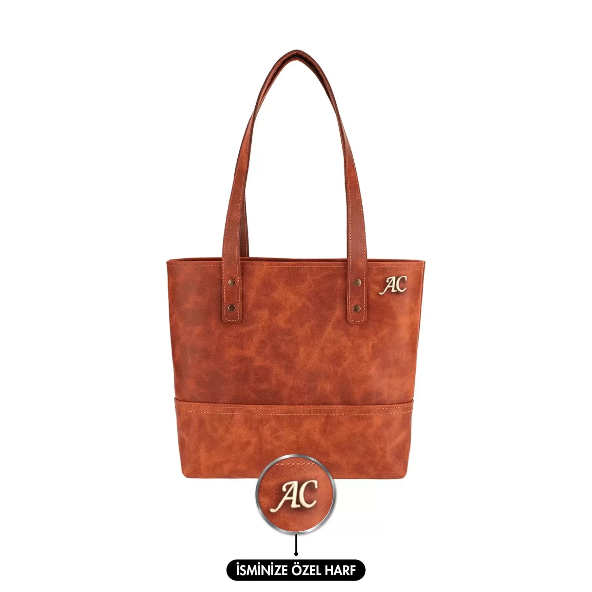 İsme Özel Tote Bag El Omuz Çantası - %100 Rainbow Deri - AC03003 - Tobacco