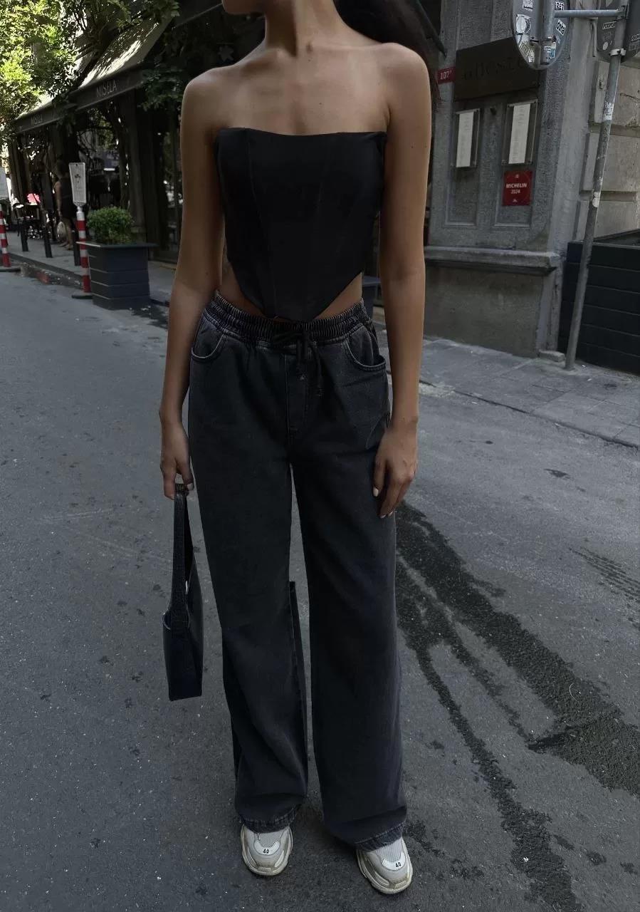 Kadın Arkadan Yırtmaçlı Jeans Kot Palazzo Pantolon - Siyah