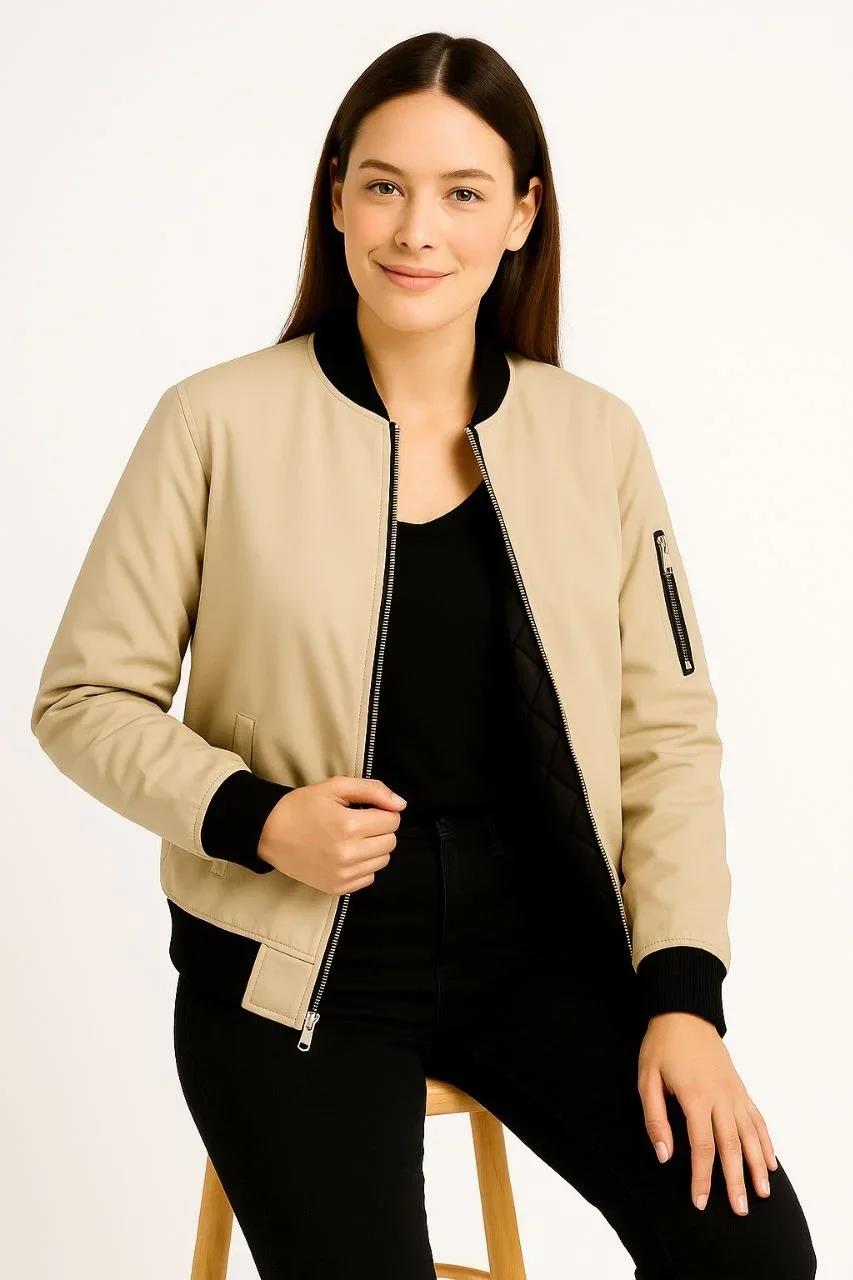 Kadın Bomber Mont Ceket – Fermuarlı, Kapitone İçi Astarlı, Su İtici Kumaş, Regular Fit, Yandan Cepli, Günlük Bahar & Kış Şık Rahat Stil - bej
