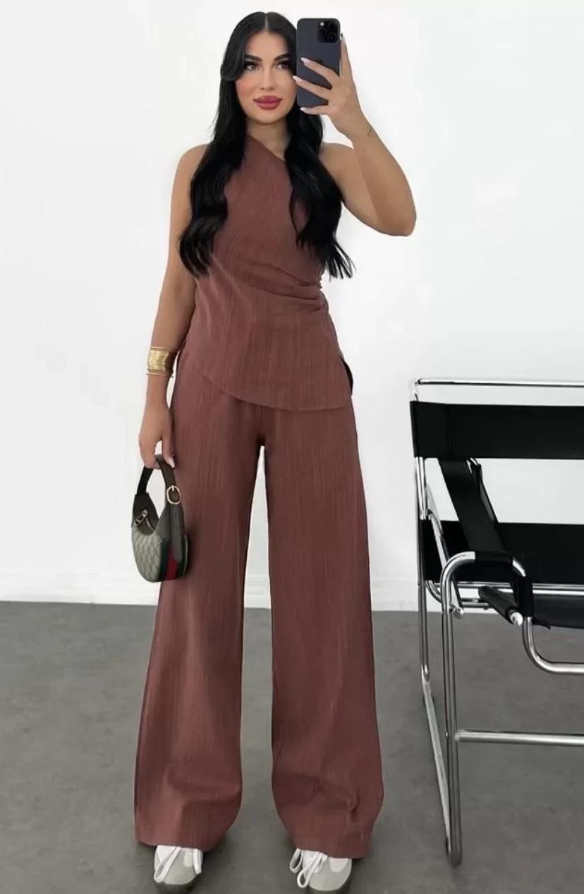 Kadın Keten Asimetrik Tek Omuzlu Bluz Pantalon Takım- Bordo