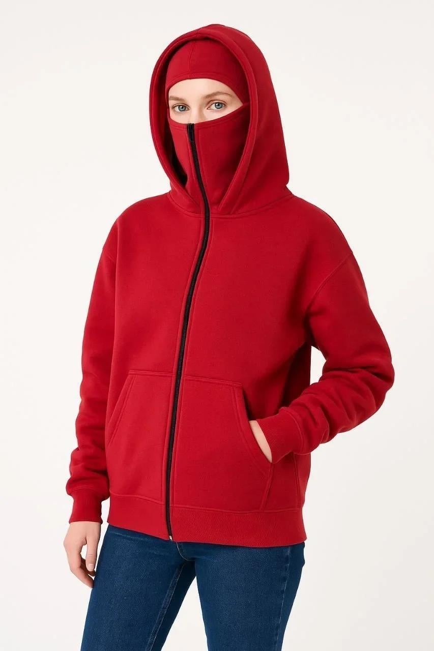 Kadın Samuray Ninja Çift Kapşonlu ZIP Fermuarlı Kanguru Çepli Hoodie Maske detaylı Swetshirt - Kırmızı