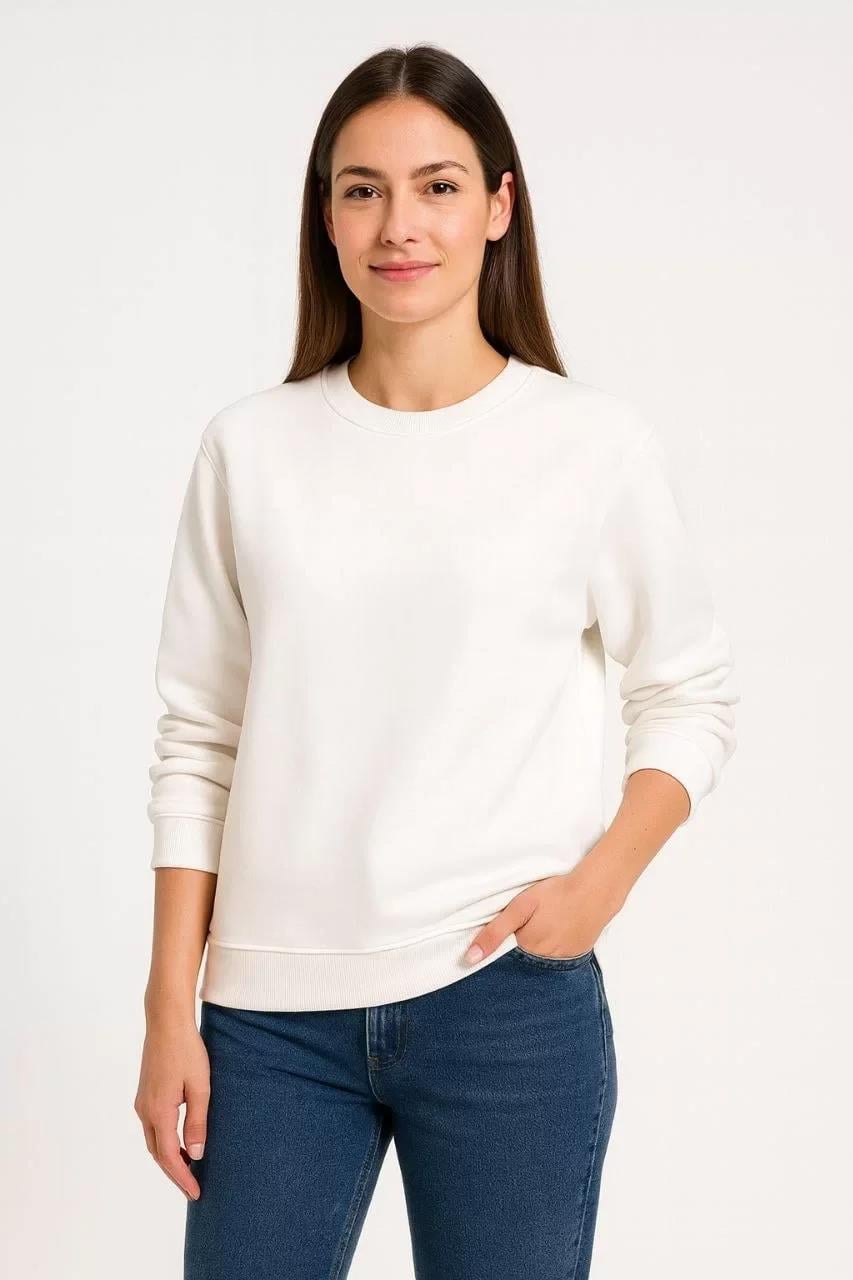 Kadın Üç İplik Düz Bisiklet Yaka SweatShirt - Beyaz