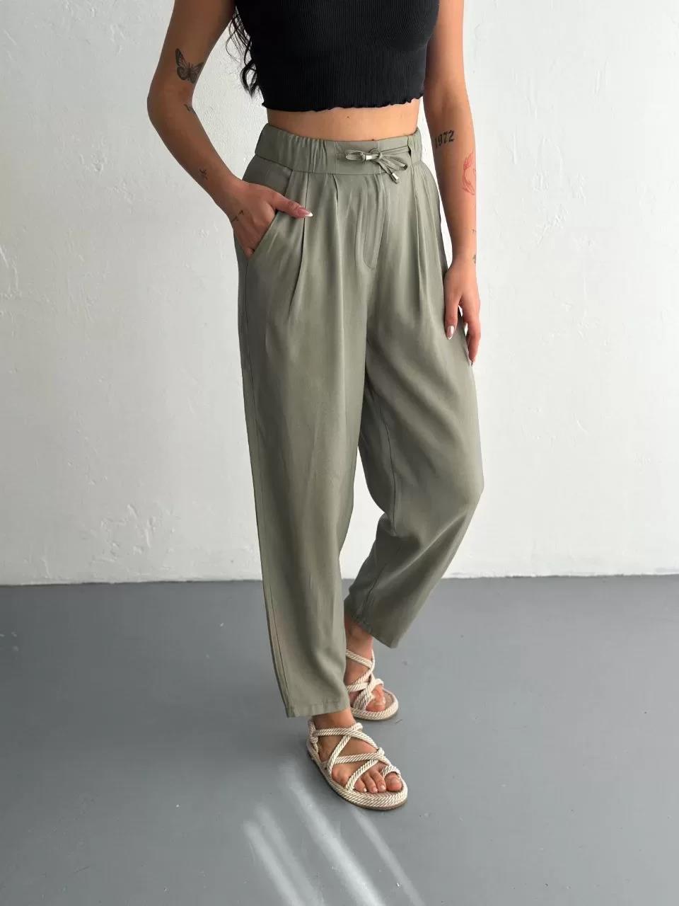 Kadın Yüksel Bel Beli Bağcıklı Cepli Rahat Paça Pantalon - Su Yeşili