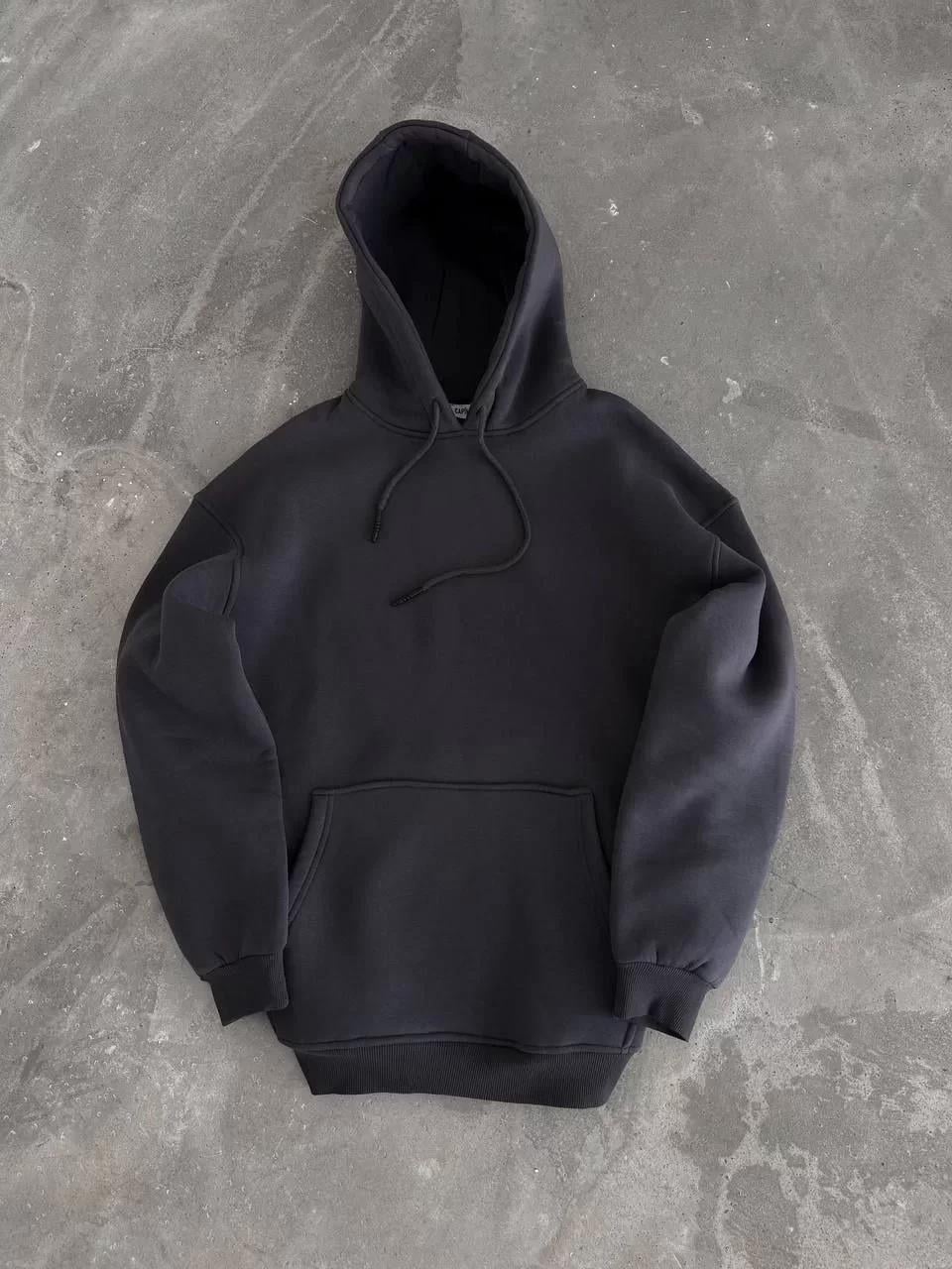 Kapüşonlu Üç İplik Penye Basic SweatShirt - Füme