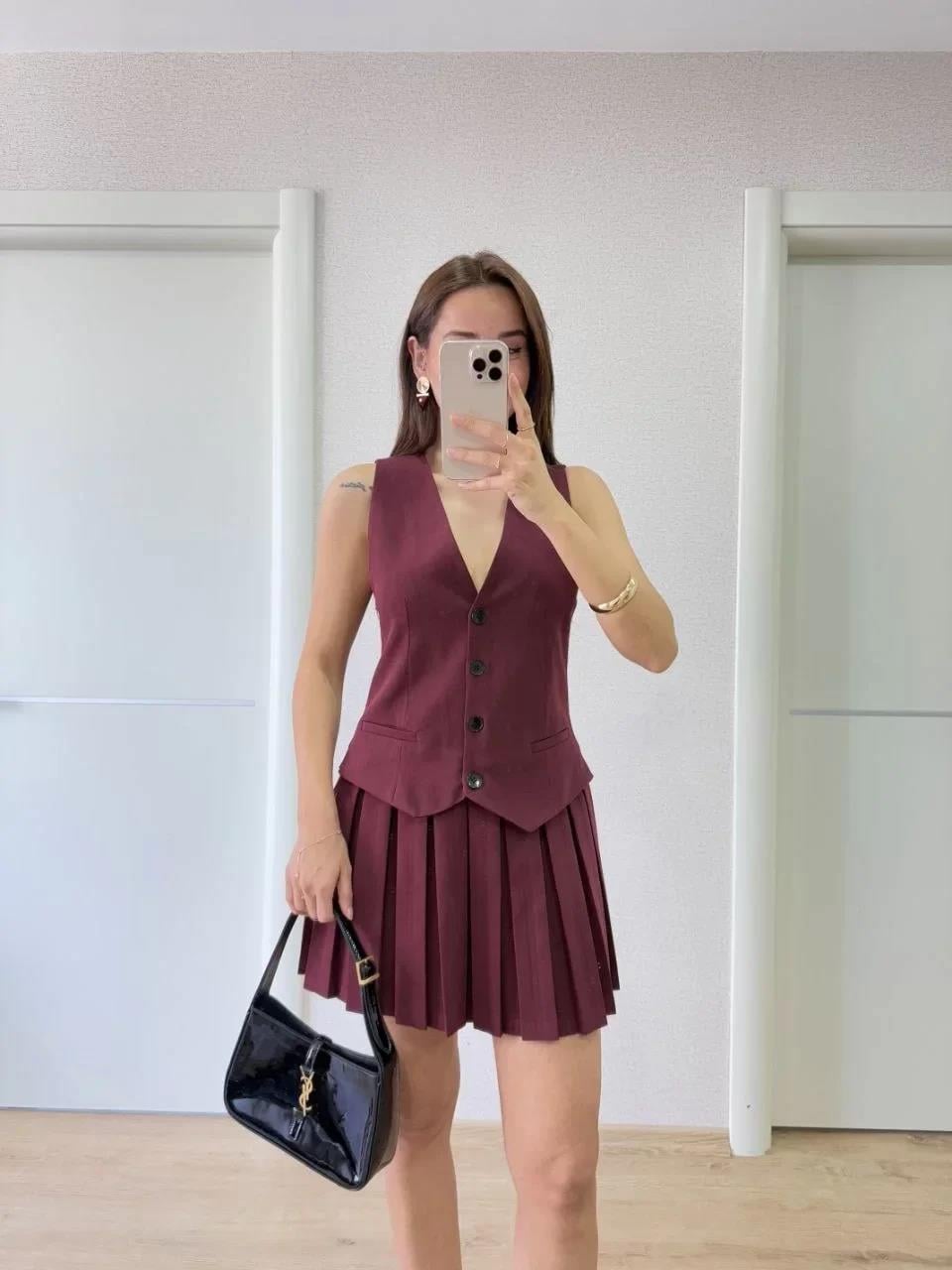 Keten Takım Görünümlü Düğme Detaylı Yelekli Mini Elbise - Bordo