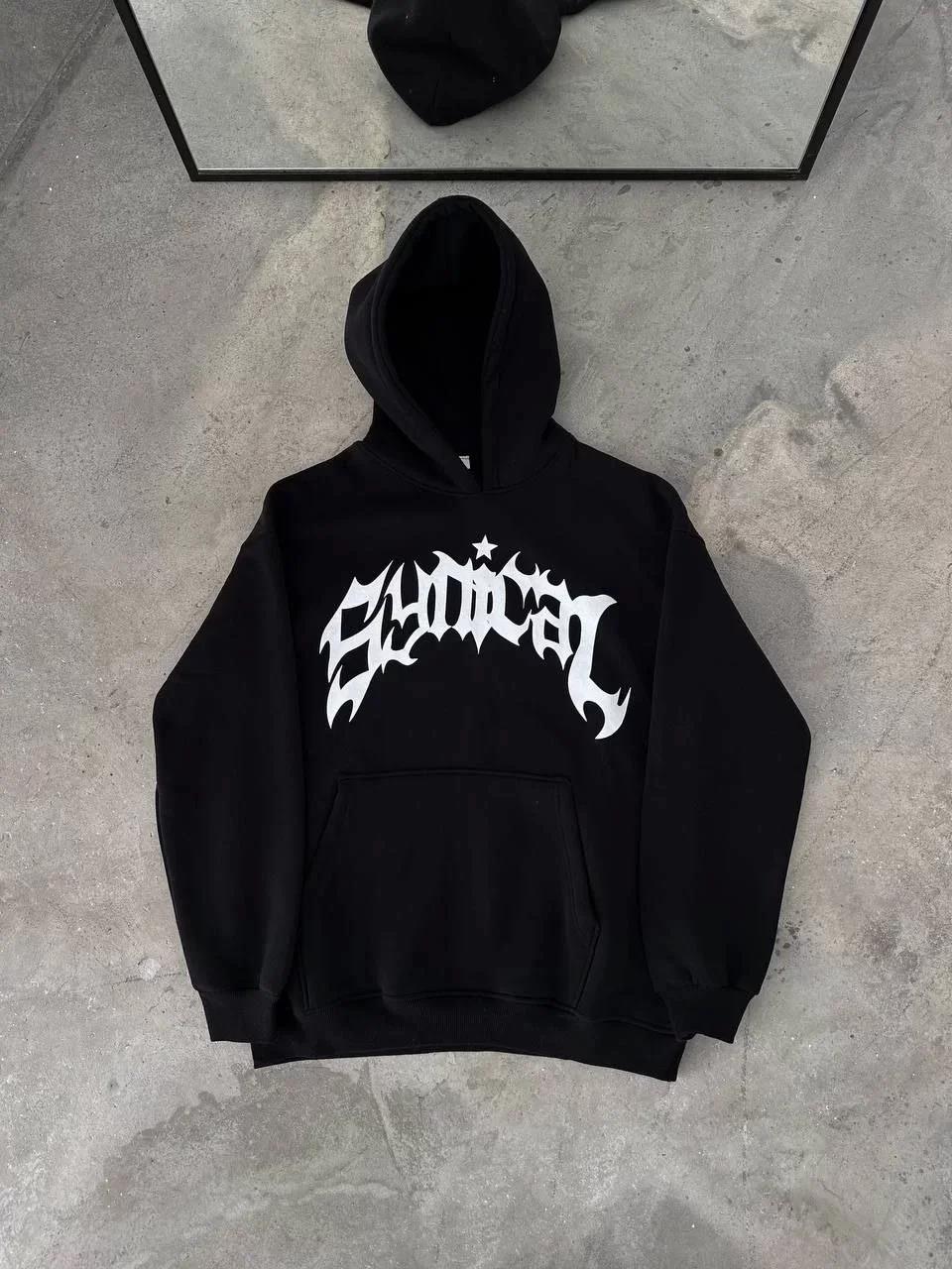 Kışlık Kapüşonlu Baskılı Oversize SweatShirt- Siyah