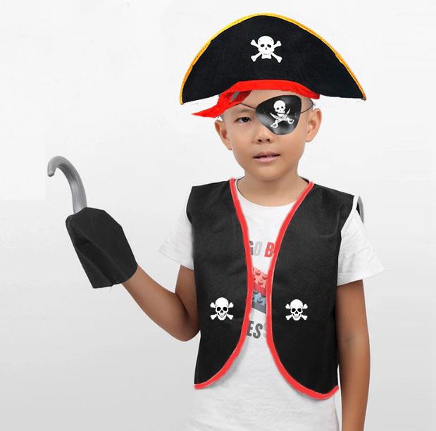 Korsan Kostüm Seti 4-6 Yaş - Yelek Şapka Maske Kanca
