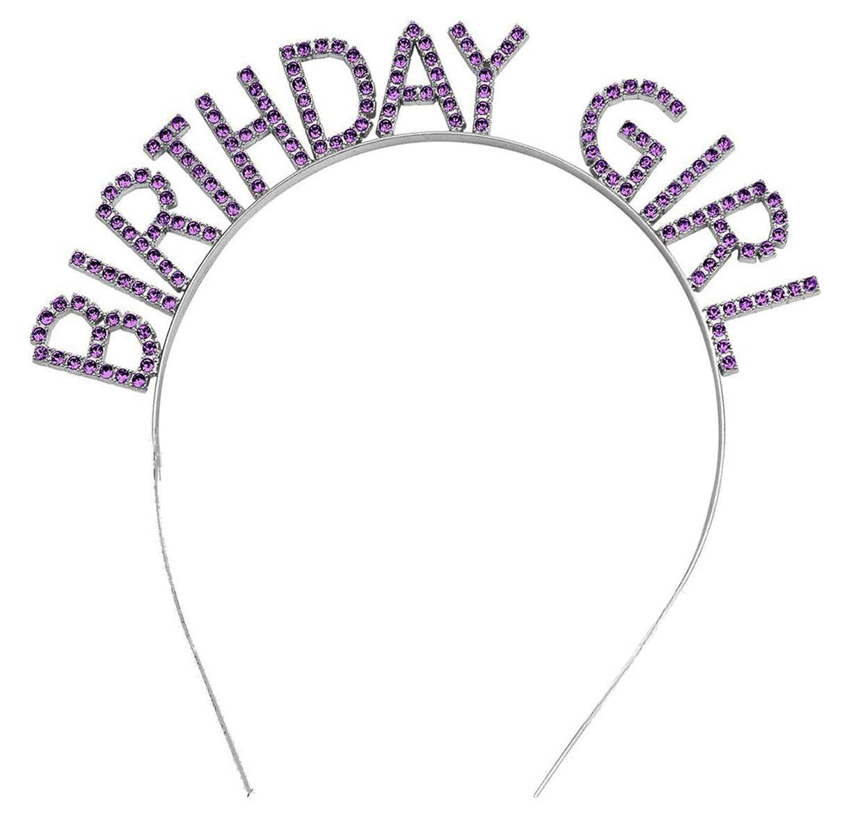 Mor Renk Kristal Taşlı Parlak Birthday Girl Yazılı Taç