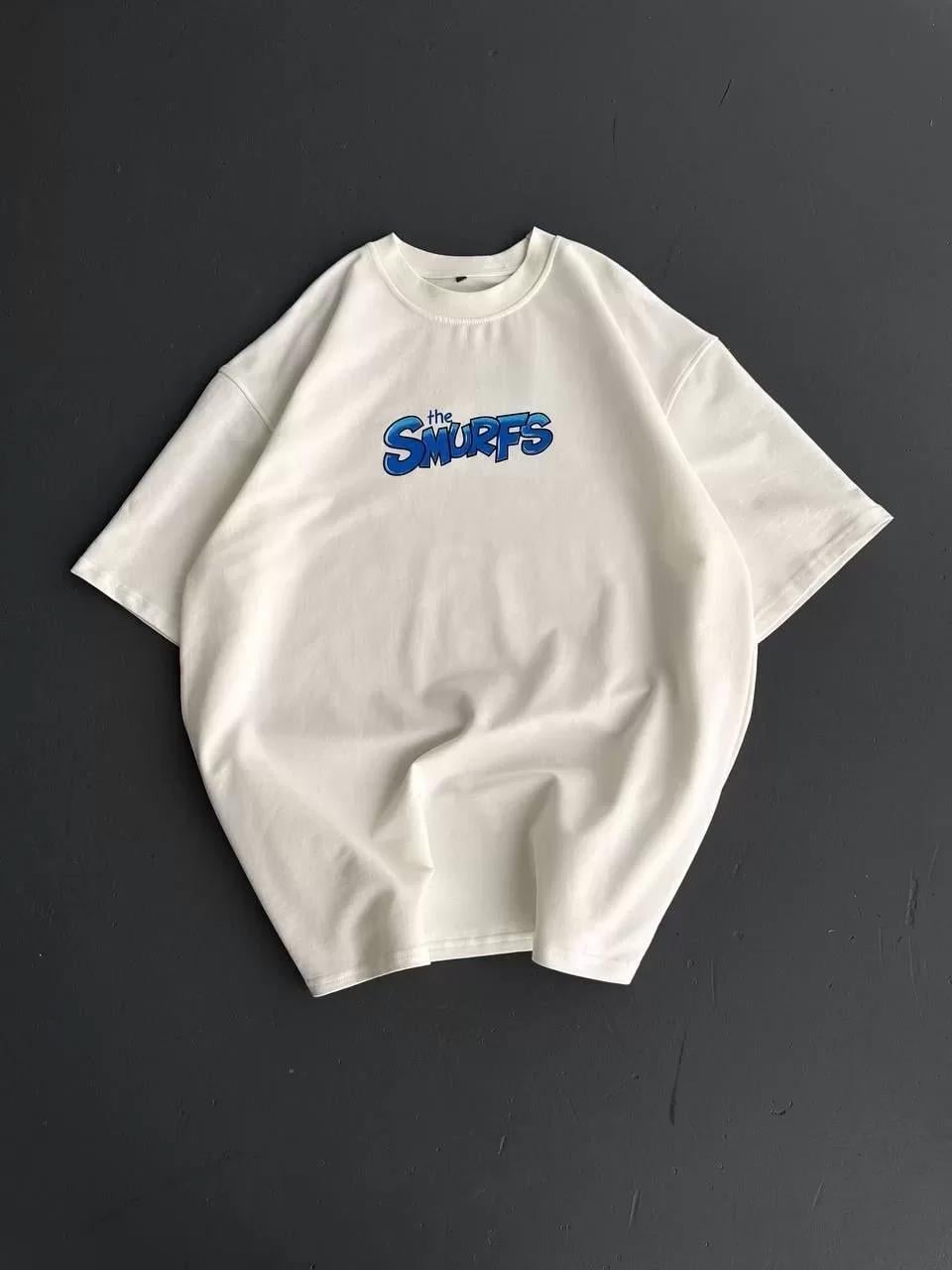 Ön ve Arka Baskılı Oversize Bisiklet Yaka T-shirt- Beyaz