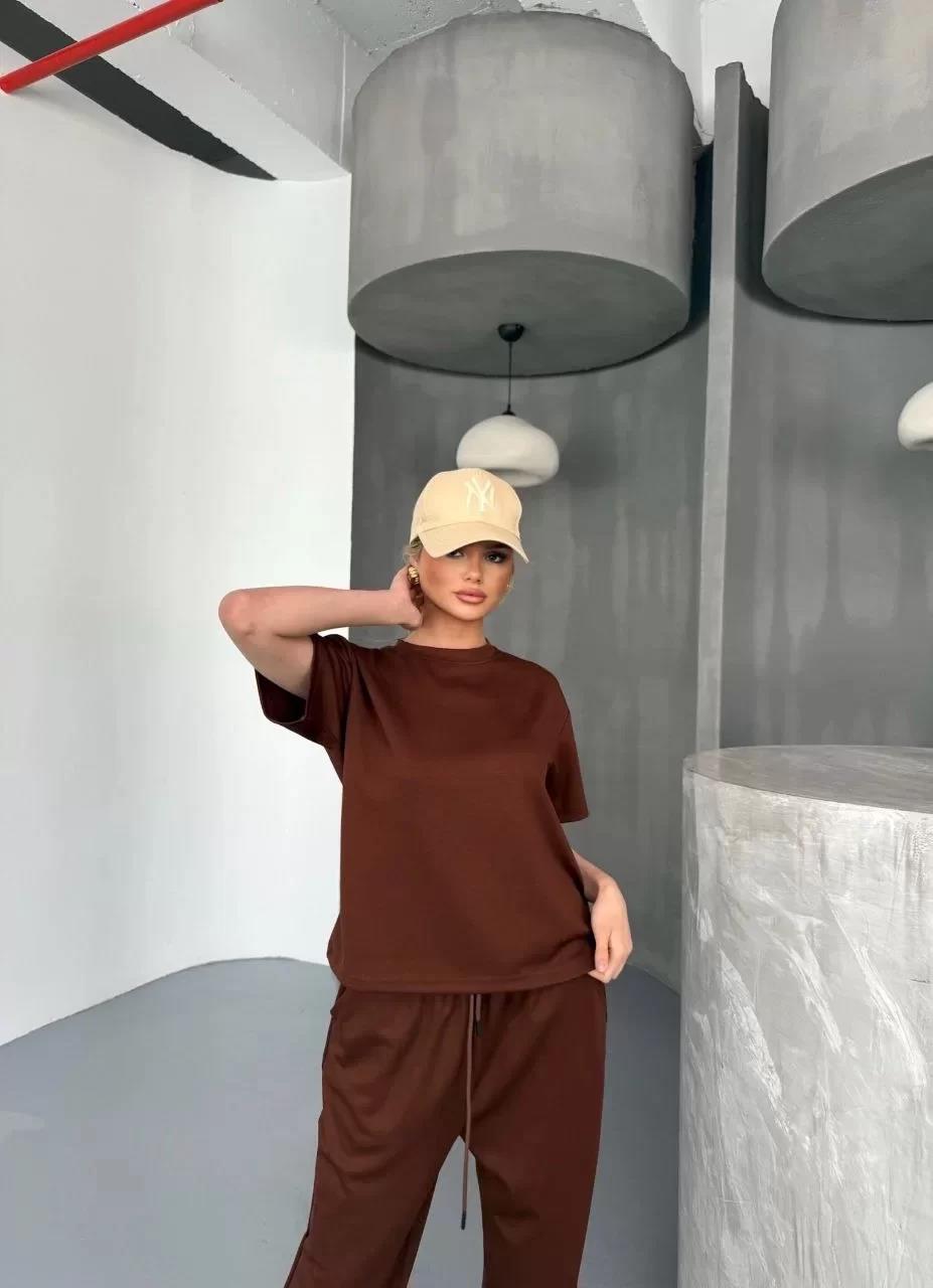 Osy Modal Yumuşak Dokulu Kumaş Kısa Kollu Bluz Rahat Pantalon ikili Takım- Kahverengi