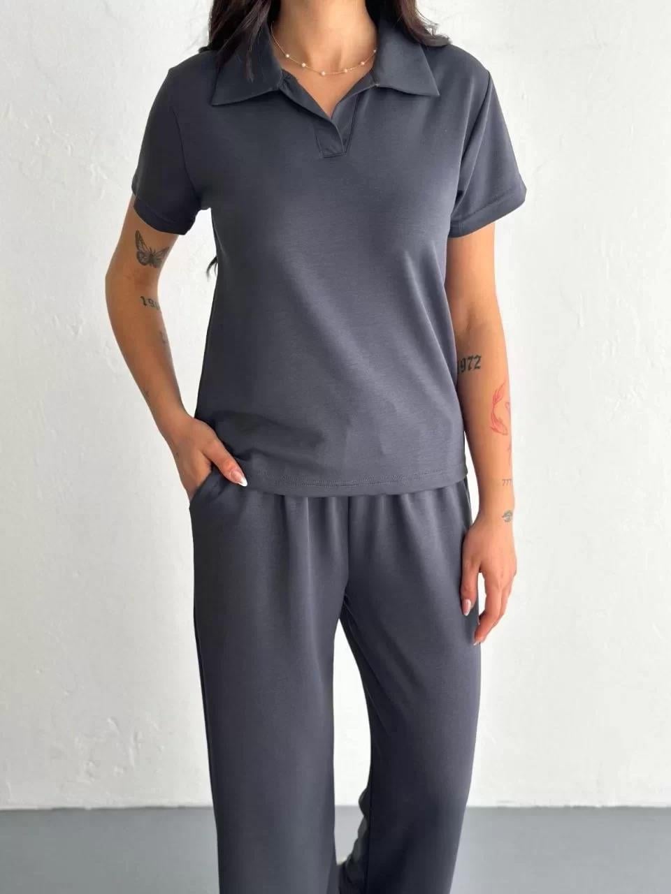 Osy Modal Yumuşak Dokulu Kumaş Kısa Kollu Yakalı T-shirt Pantalon ikili Takım- Antrasit