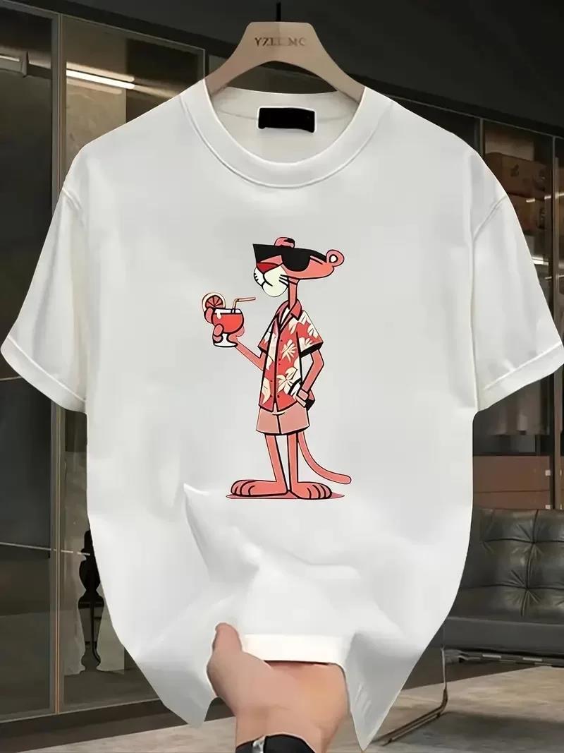 Pembe Panter Baskılı Erkek Oversize Günlük Kısa Kollu Tişört İlkbahar ve Yaz için Mükemmeldir - Beyaz
