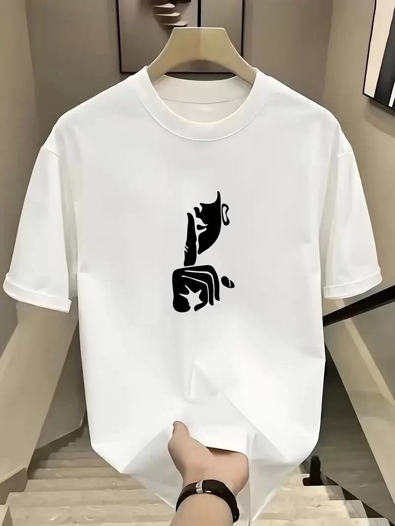 Rahat Bisiklet Yaka Tişört, Yaratıcı Karikatür Baskı - Yumuşak Polyester, Her Mevsim Giyilebilir- Beyaz
