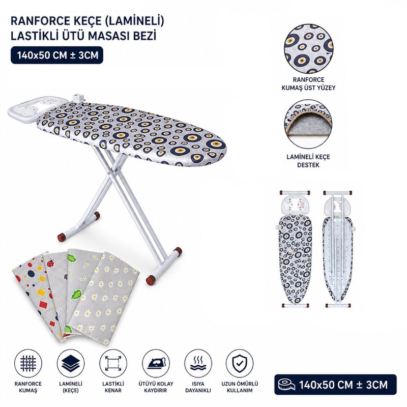 Ranforce Keçe Ütü Masası Bezi - Lastikli - Lamineli - 140x50 cm