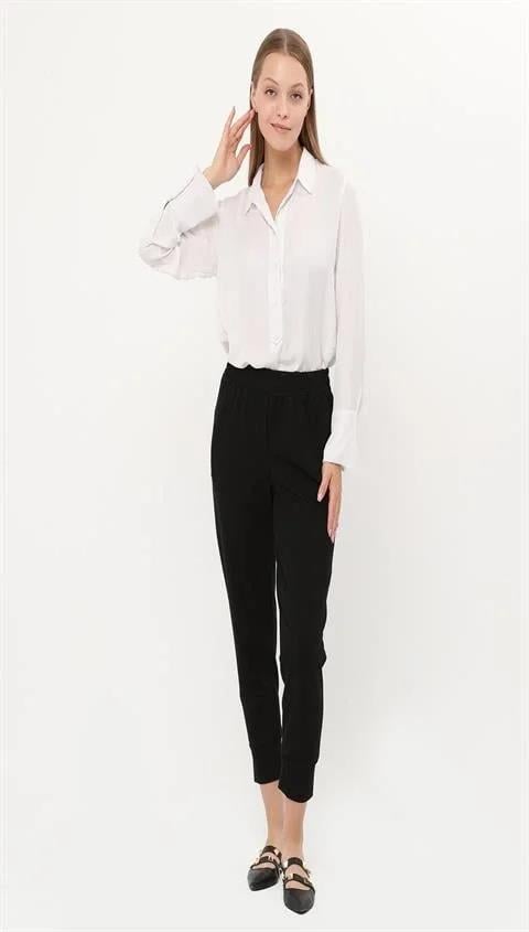 Step Paçası Manşetli Beli Lastikli Pantolon - (38-46) - 71125 - Siyah