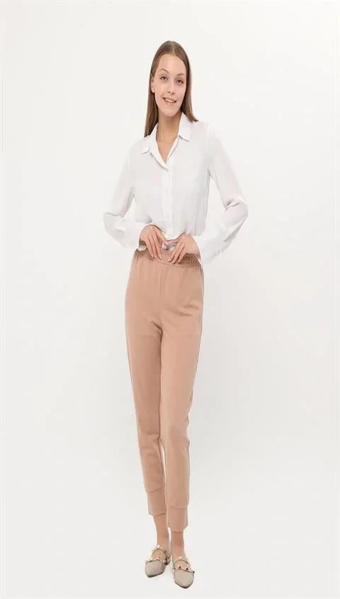 Step Paçası Manşetli Beli Lastikli Pantolon - (38-46) - 71125 - Bej