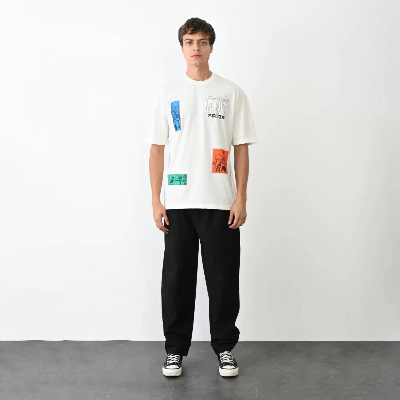 Unisex Bisiklet Yaka Baskılı Oversize T-Shirt - Beyaz