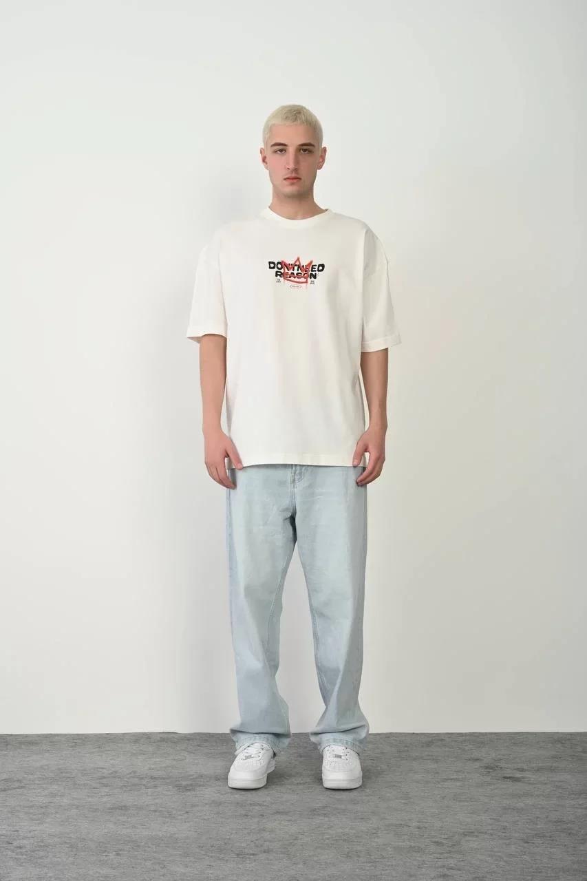 Unisex Bisiklet Yaka Baskılı Oversize T-Shirt - Beyaz