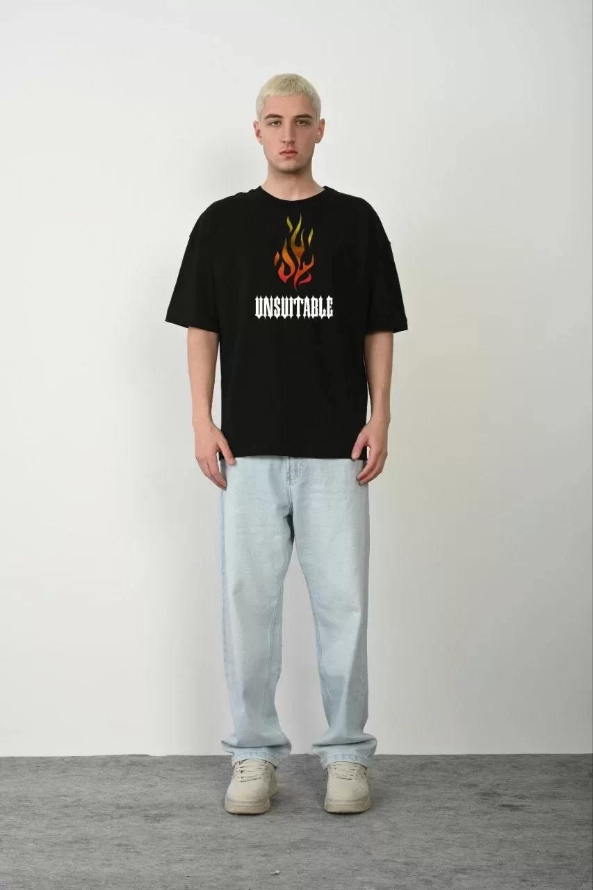 Unisex Bisiklet Yaka Baskılı Oversize T-Shirt - Siyah