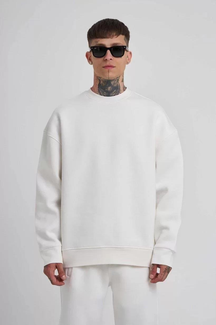 Unisex Biskilet Yaka Üç İplik SweatShirt - Beyaz