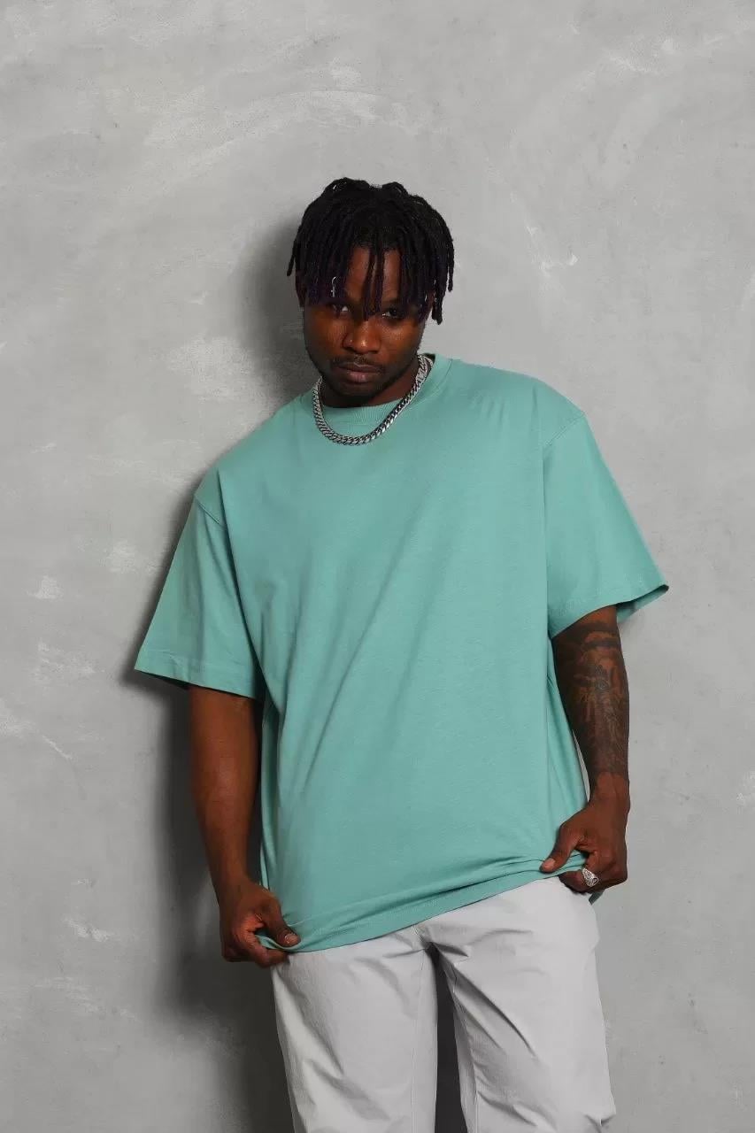 Unisex Oversize Düz Bisiklet Yaka T-Shirt - Mint Yeşili