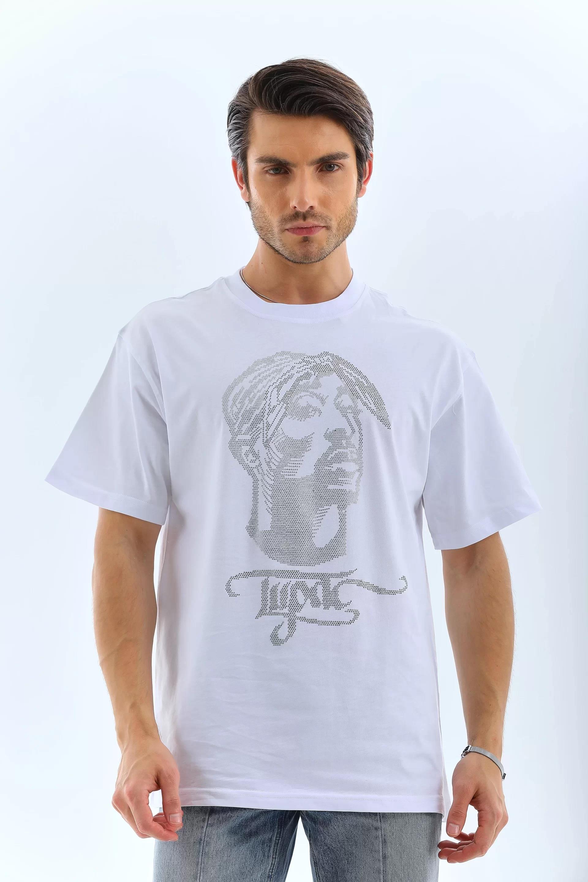 Unisex Oversize Taşlı Bisiklet Yaka T-Shirt - Beyaz