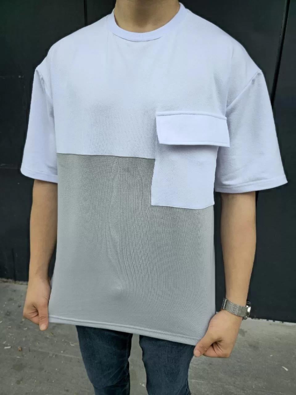 Unisex Torba Cep Detaylı Parçalı T-Shirt - Gri