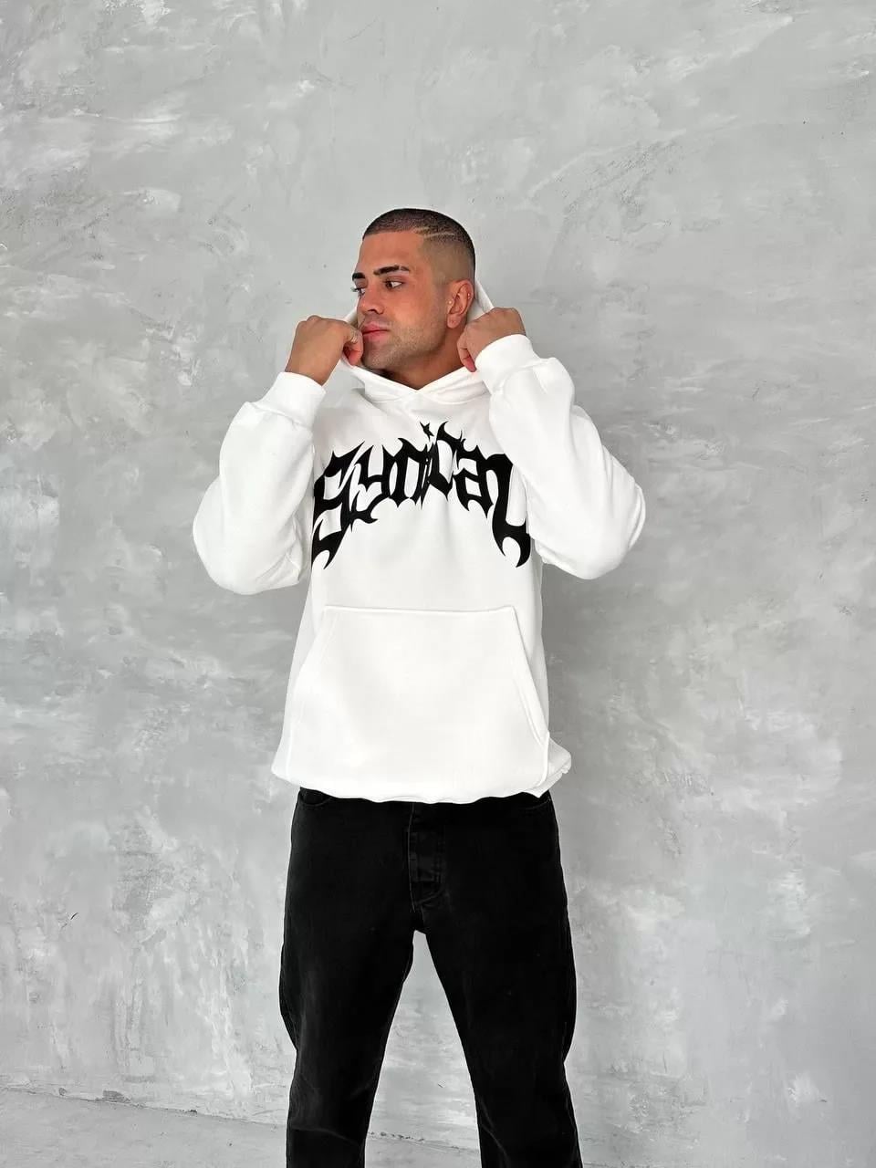 Unisex Üç İplik Kapüşonlu Baskılı SweatShirt - Beyaz