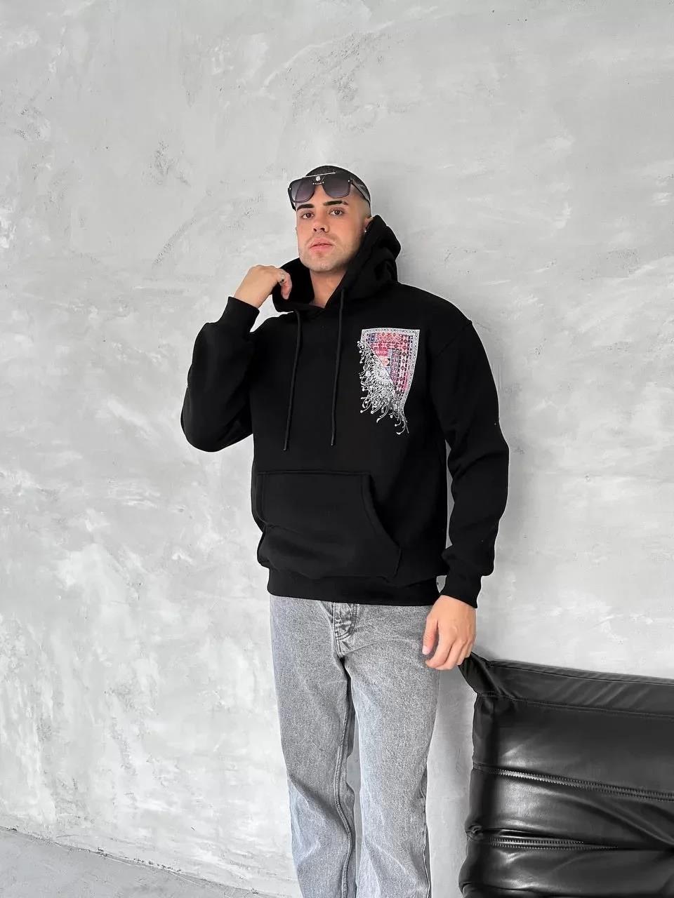 Uzun Kol Kapüşonlu Ön Ve Arka Baskılı SweatShirt - Siyah