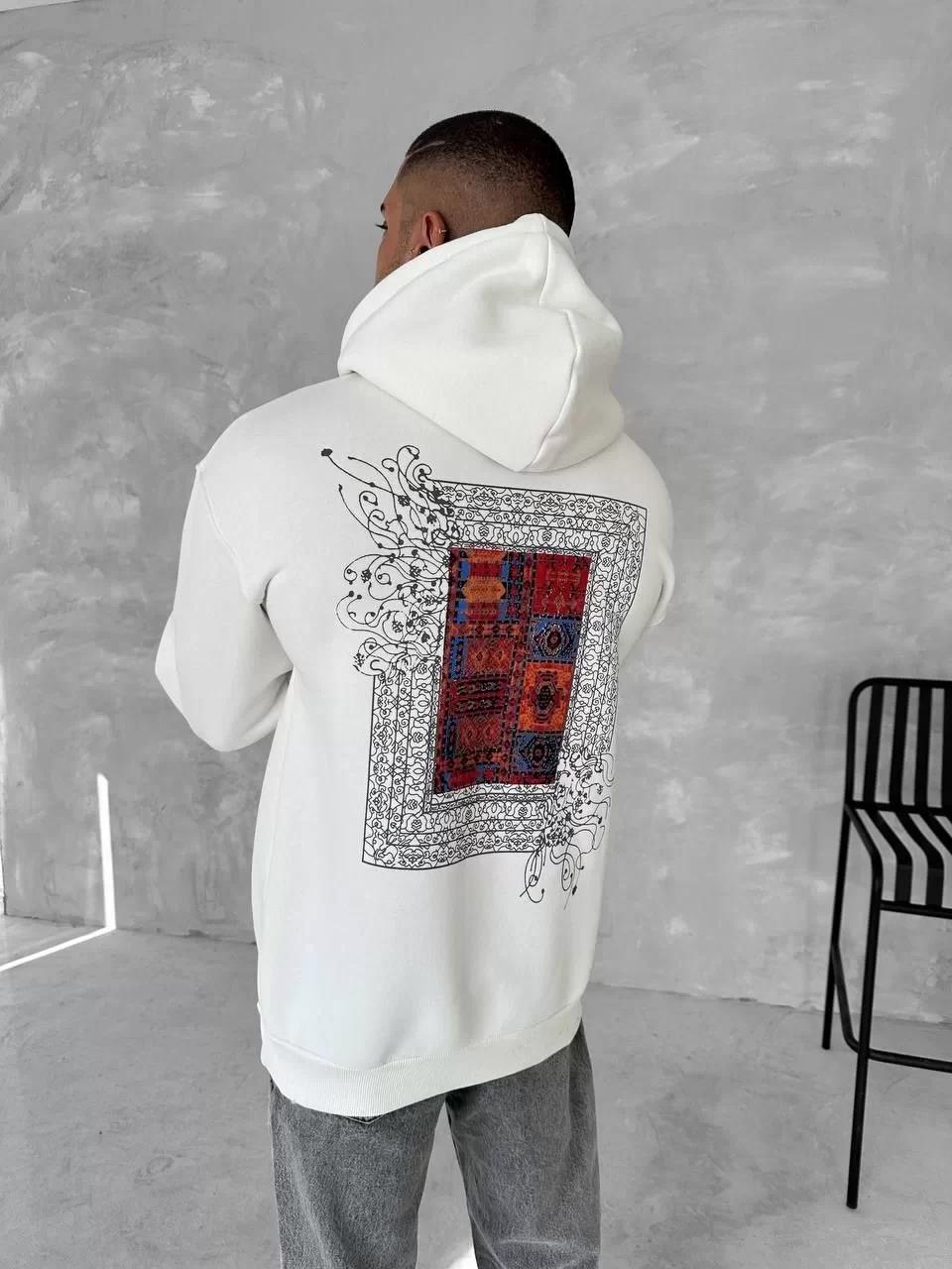 Uzun Kol Kapüşonlu Ön Ve Arka Baskılı SweatShirt - Beyaz
