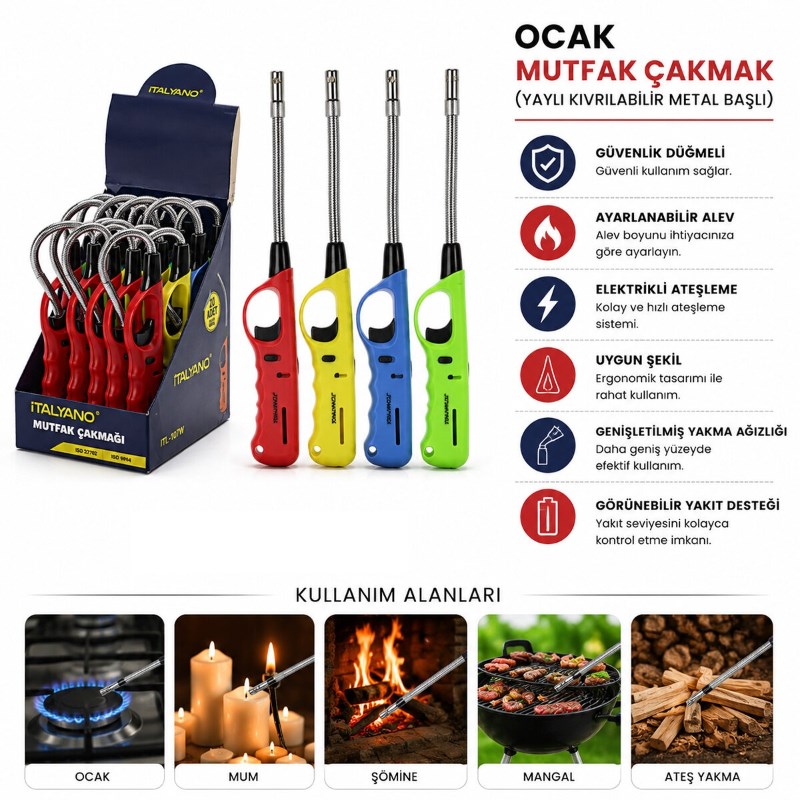 Yaylı Ocak Mutfak Çakmağı - Kıvrılabilir Metal Başlı - Karışık Renkler - 1 Adet