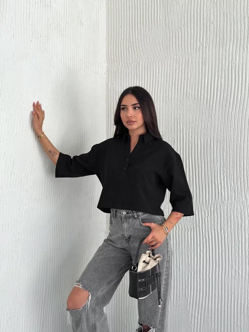 Z Krep Kadın Crop Yakalı Gömlek İlik Düğmeli Üç Çeyrek Sleeve Kol - Siyah