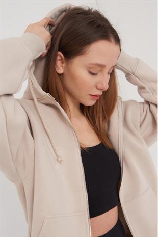 Kadın Kapüşonlu Üç İplik Owersize Fermuarlı Sweatshirt Bej